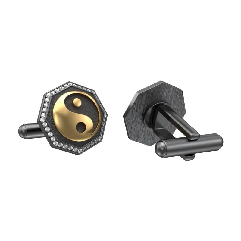 Ying Yang Luxe, Spiritual Cufflink Set with CZ Diamonds, 18kt Gold & Black Ruthenium Plating on Brass.