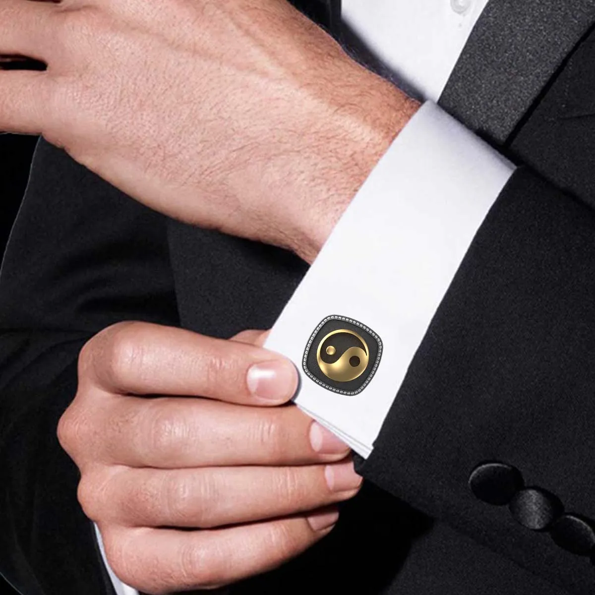 Ying Yang Luxe, Spiritual Cufflink Set with CZ Diamonds, 18kt Gold & Black Ruthenium Plating on Brass.