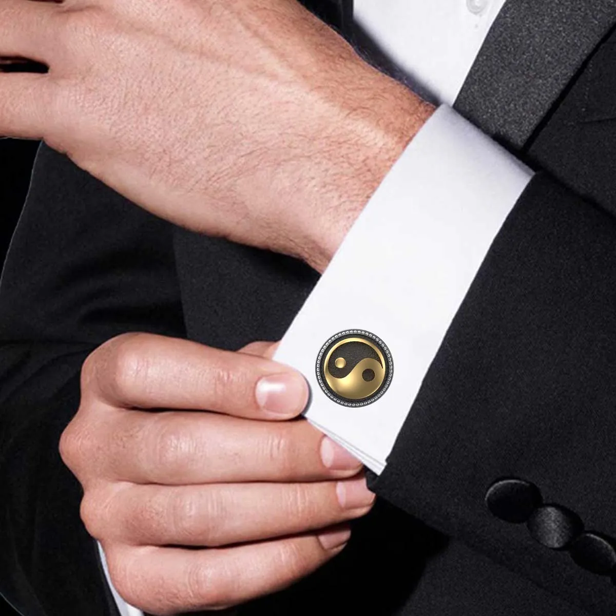 Ying Yang Luxe, Spiritual Cufflink Set with CZ Diamonds, 18kt Gold & Black Ruthenium Plating on Brass.