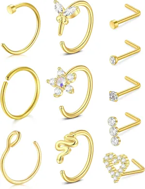Zolure 18g 20g 22g Nose Rings Nose Studs Surgical Stainless Steel Screw L Shaped Pin Bone Nose Nostrial Piercing Jewerly for Women Men